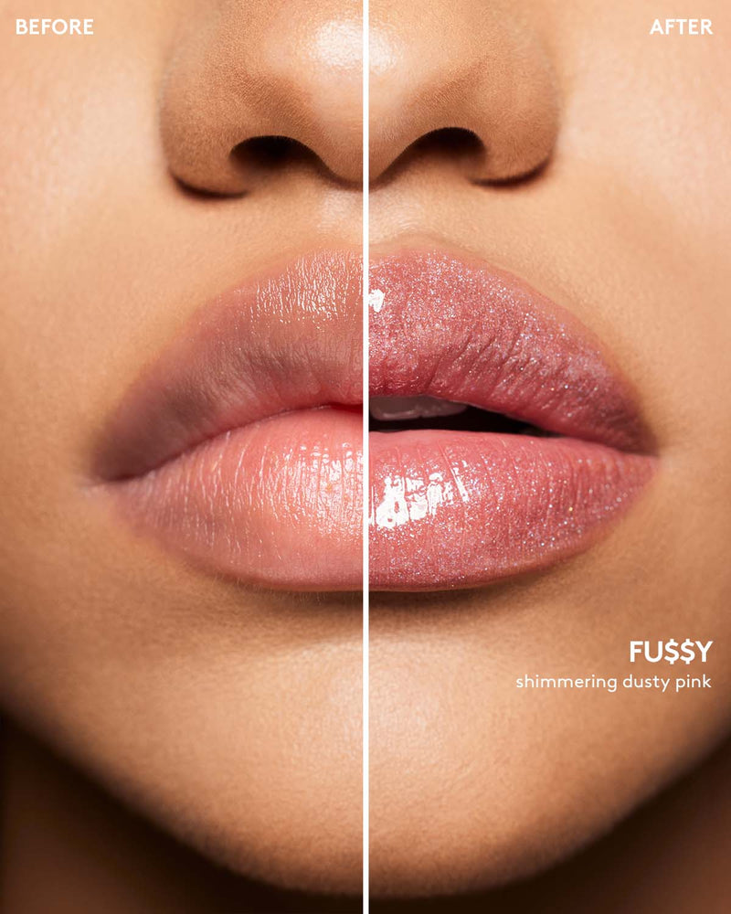 Before and after macro shot of medium model wearing Gloss Bomb Stix High-Shimmer Gloss Stick in Fu$$y.