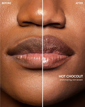 Before and after macro shot of deep model wearing Gloss Bomb Stix High-Shimmer Gloss Stick in Hot Chocolit.
