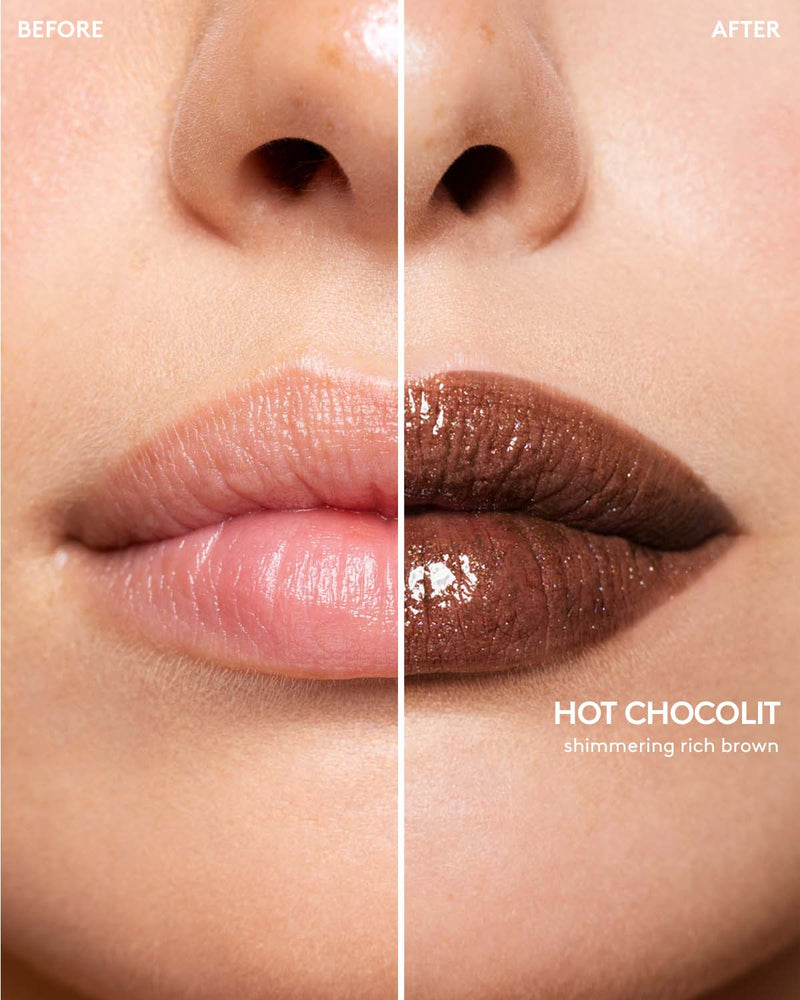 Before and after macro shot of light model wearing Gloss Bomb Stix High-Shimmer Gloss Stick in Hot Chocolit.