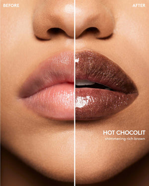 Before and after macro shot of a medium model wearing Gloss Bomb Stix High-Shimmer Gloss Stick in Hot Chocolit.