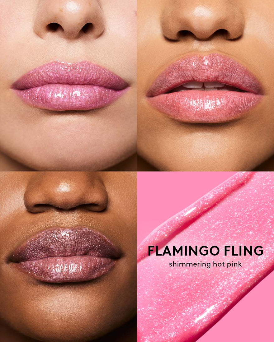 Macro shot of 3 models with light, medium, and deep skin tones wearing Gloss Bomb Stix High-Shine Gloss Stick in Shimmering Flamingo Fling.