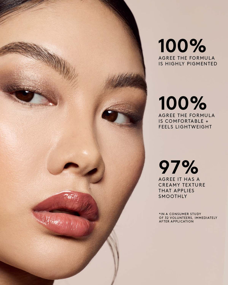 100% agree the formula is highly pigmented. 100% agree the formula is comfortable + feels lightweight. 97% agree it has a creamy texture that applies smoothly. In a consumer study of 32 volunteers, immediately after application.