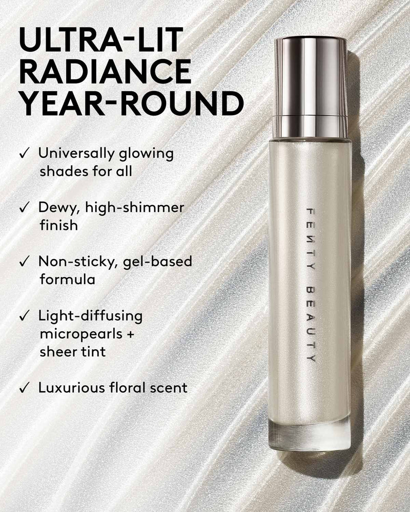 Fenty Beauty Body Lava with features listed on a textured background