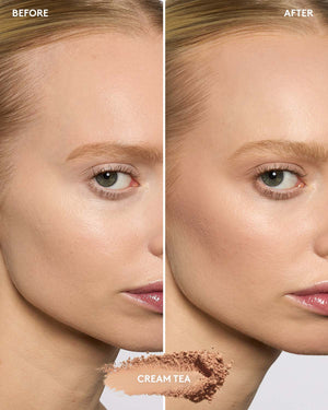 Before-and-after close-up of a woman's face showing a makeup or skincare result, with 'BEFORE' on the left and 'AFTER' on the right, plus a brown cream swatch labeled 'CREAM TEA' at the bottom.