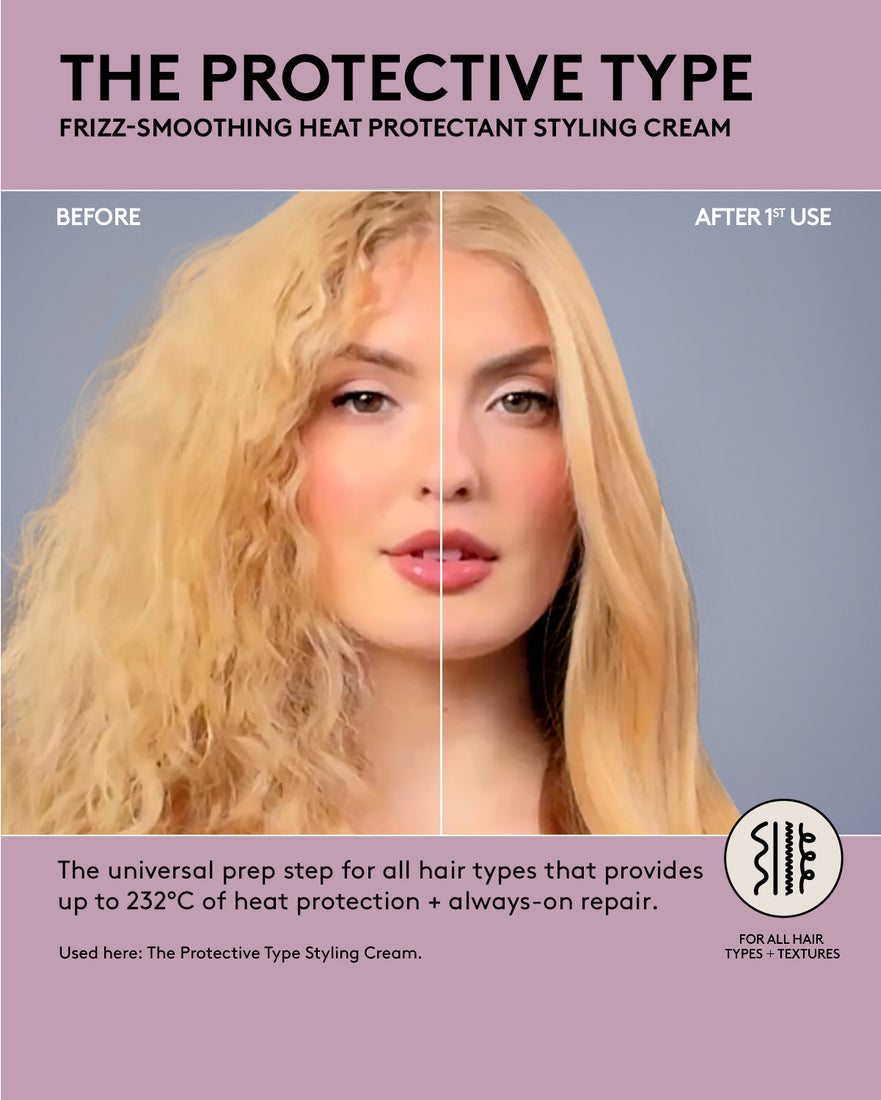 before and after of protective type on blonde curly haired model