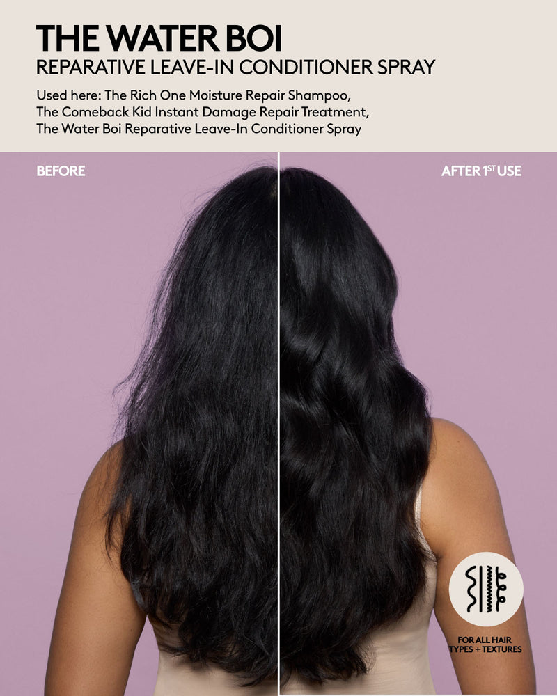 The Water Boi Reparative Leave-In Conditioner Spray before and after on long thick hair.