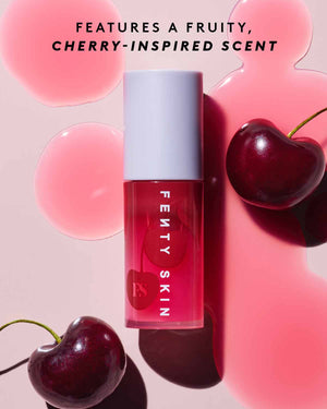 Infographic showing Cherry Treat Lip Oil with cherries and product texture smears speaking to fruity, cherry-inspired scent