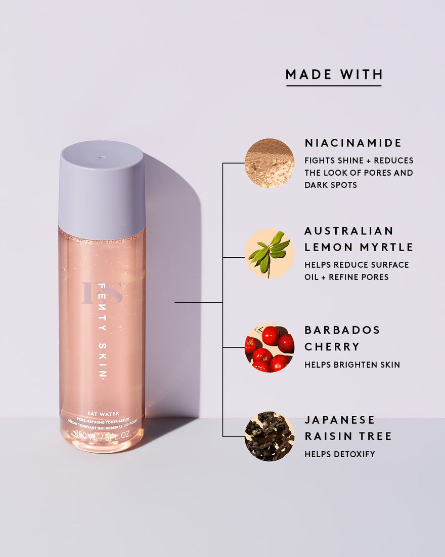 The Fat Water Toner Serum serum container next to a list of its main ingredients: niacinamide, Australian lemon myrtle, Barbados cherry and Japanese raising tree.