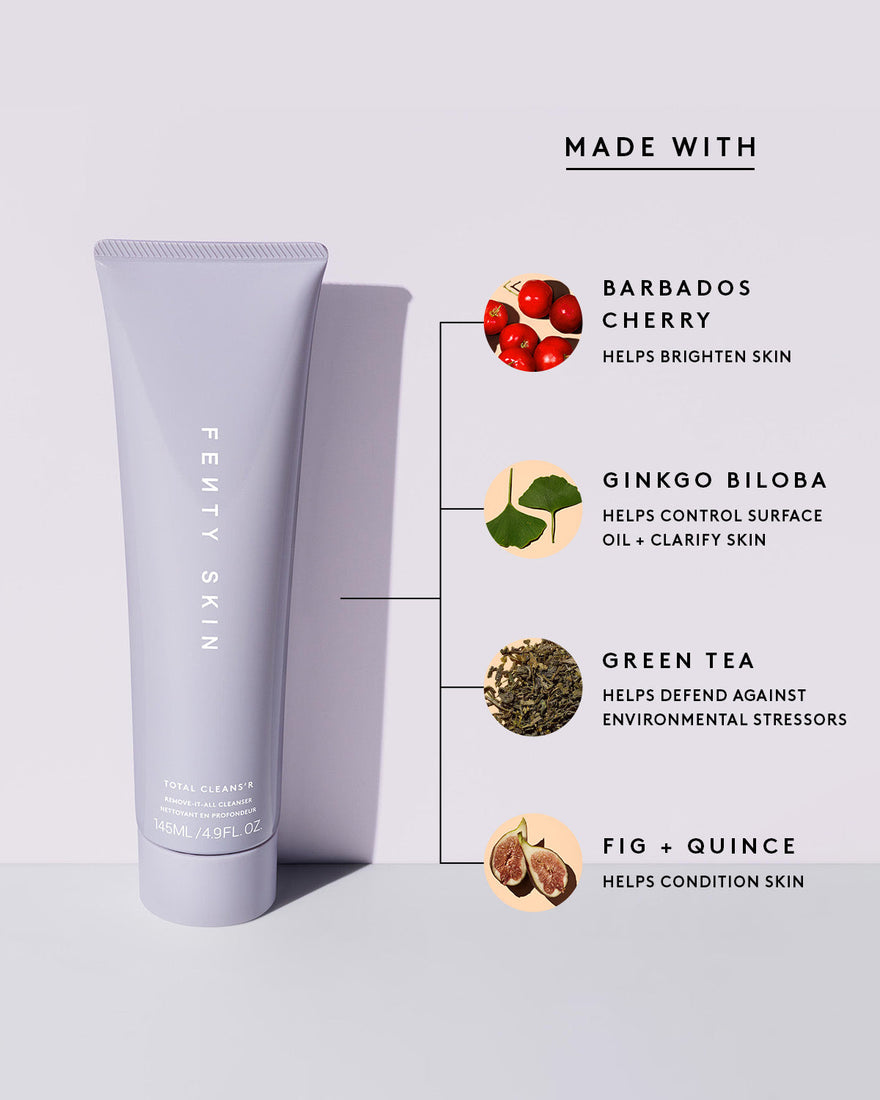 Bottle of Total Cleans'r Remove-It-All Cleanser next to a list of main ingredients: Barbados cherry, Ginkgo biloba, green tea, fig and quince.
