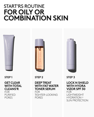 3-step cleansing routine for oily and combination skin showing the following products: Total Cleans'r, Fat Water Toner Serum, Hydra Vizor.