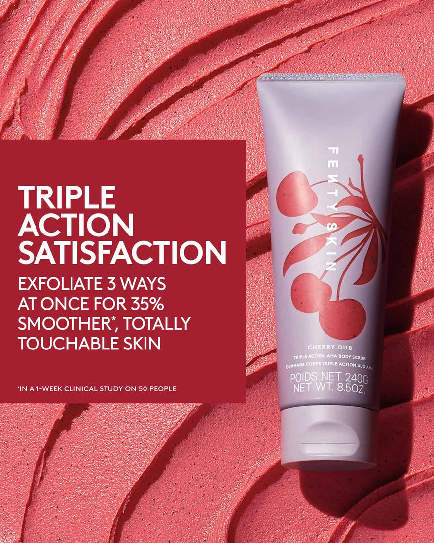 Body scrub with three types of exfoliants (AHA, physical, and enzyme) gives 35% smoother, touchable skin based on a 1-week clinical study on 50 people.