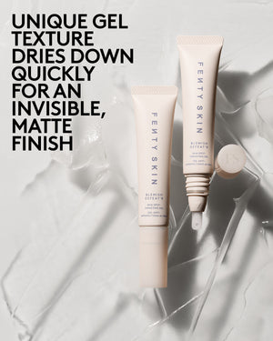 Two tubes of Blemish Defeat'r Gel next to overlay  text "Dries down quickly for an invisible matte finish"