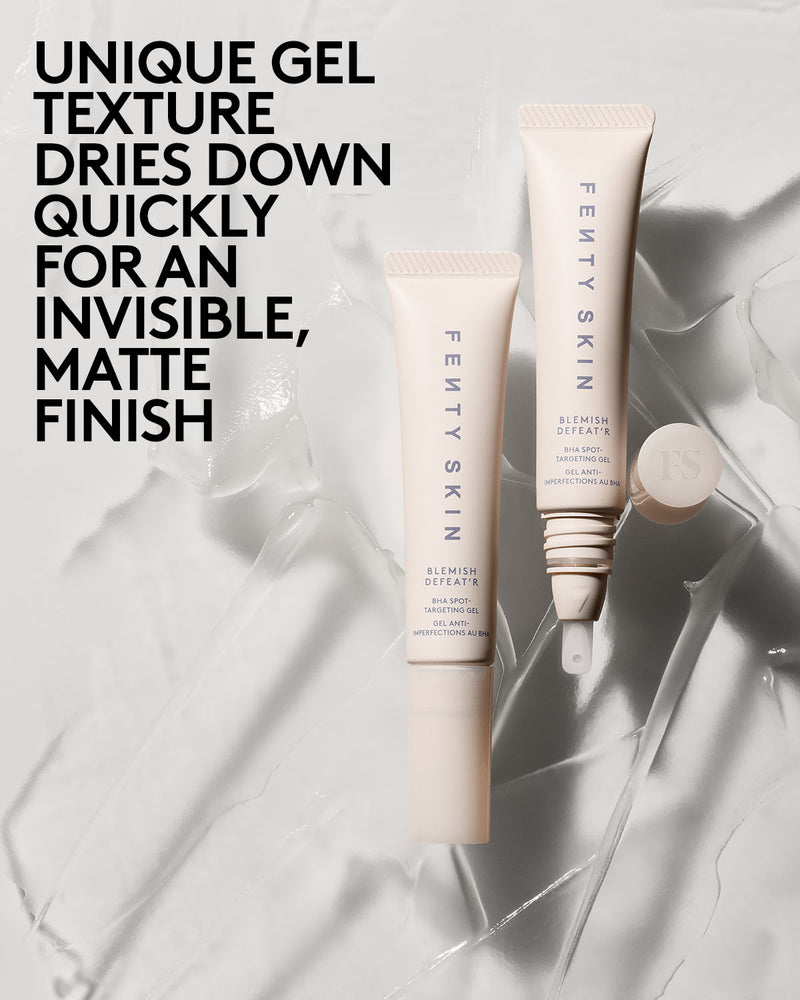 Two tubes of Blemish Defeat'r Gel next to overlay  text "Dries down quickly for an invisible matte finish"