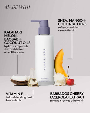 Butta Drop Body Milk product shot surrounded by ingredient images, including Vitamin E, shea, mango + cocoa butters, kalahari melon, baobab + coconut oils, and barbados cherry extrract.