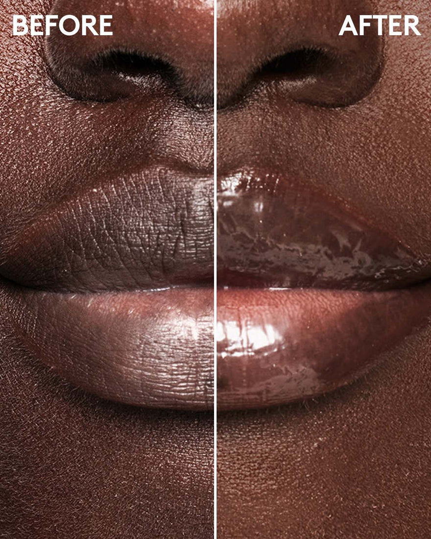 Before and after of model's lips with Fenty Skin Plush Puddin' Lip Mask.