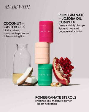 Fenty Skin lip products with pomegranate and coconut imagery on a light background