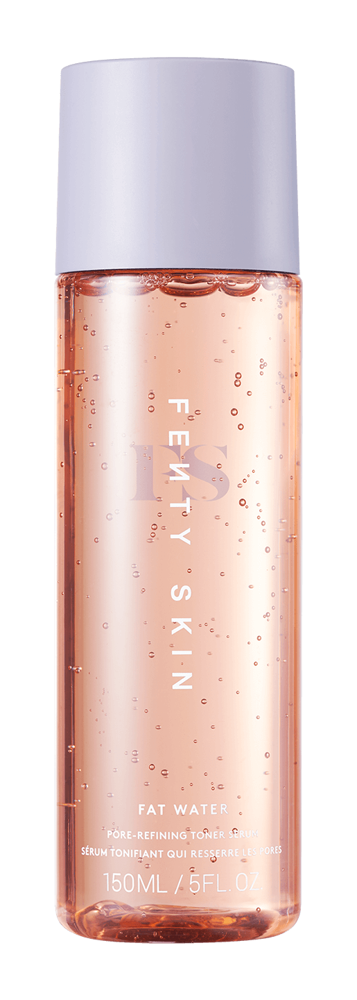 Bottle of Fenty Skin Fat Water Niacinamide Pore-Refining Toner Serum With Barbados Cherry.