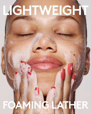 Model washing their face with Cherry Dub Gel Cleanser. Copy reads lightweight, foaming lather.