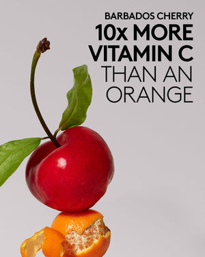 Barbados cherry and peeled orange ingredient shot. Copy reads barbados cherry. 10x more vitamin x than an orange.