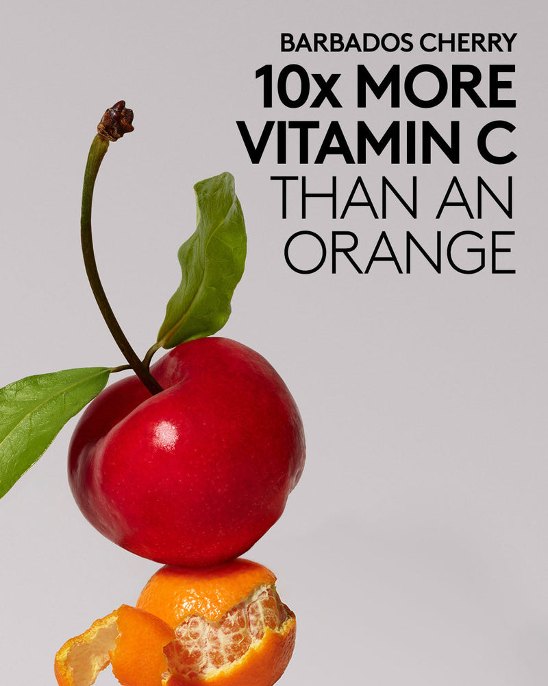Barbados cherry and peeled orange ingredient shot. Copy reads barbados cherry. 10x more vitamin x than an orange.