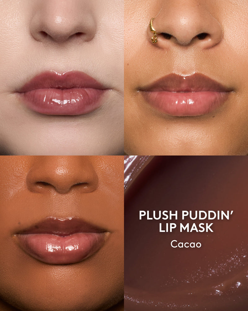 Collage of lips with a close-up of a lip mask labeled 'Plush Puddin' Lip Mask Cacao'.