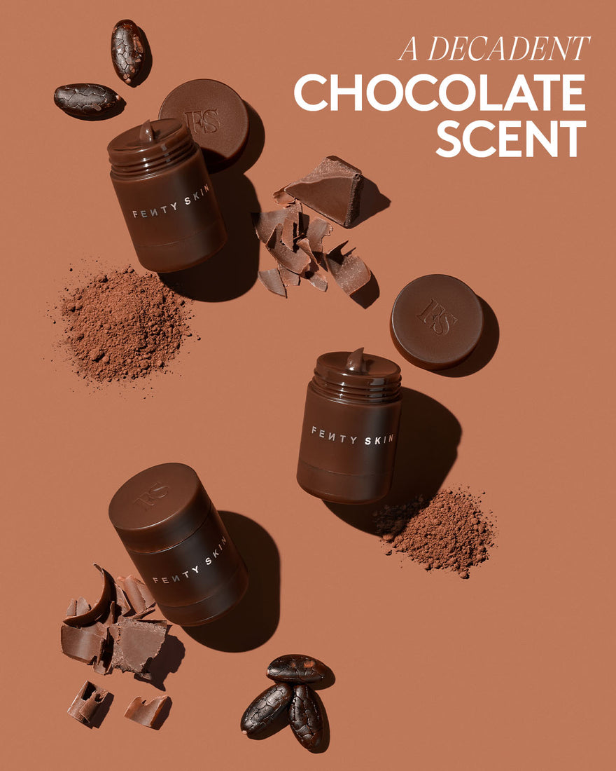 Chocolate-themed product display with 'Fenty Skin' containers on a brown background, featuring the text 'A Decadent Chocolate Scent'.