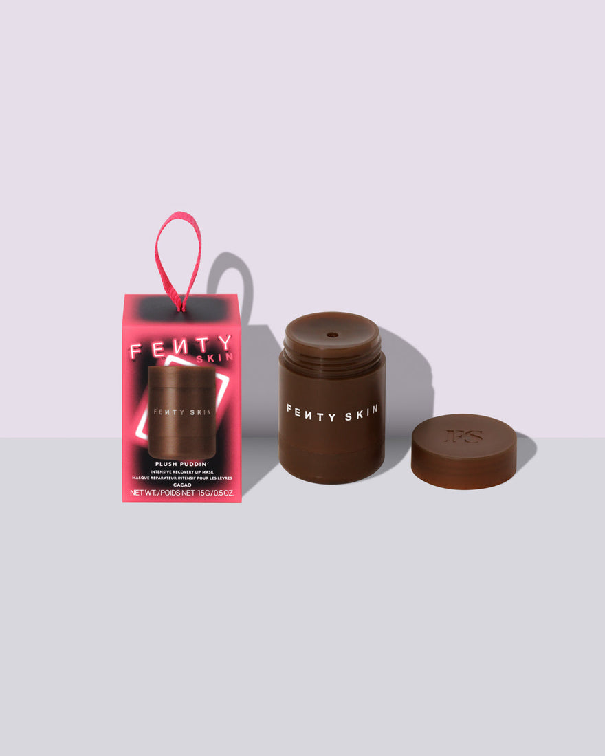 Fenty Skin plush puddin lip mask product with packaging on a white background